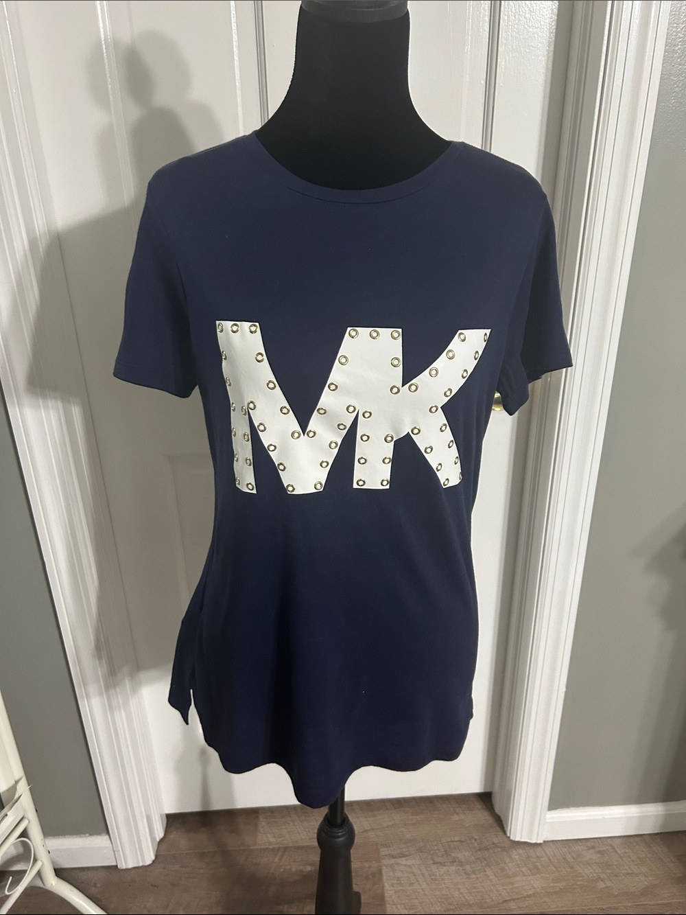 Michael Kors Navy Tee with White Studded MK Emblem